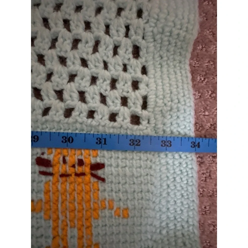 Vintage Handmade Crochet Baby Blanket Animal Cross Stitch Mint Green 34x31